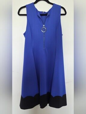 Dkny Vibrant Blue Sleeveless Midi Dress with Black Scalloped Hem